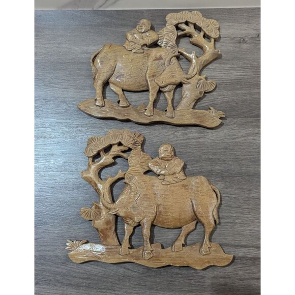 Hand-Carved Wooden Wall Decor Rustic Man On Oxen Scene 10" Chinese Asian Farmhou - Picture 2 of 7